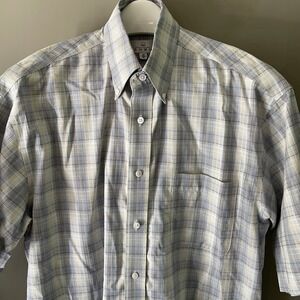 Enro Mens Medium Blue Tan Plaid Short Sleeve Button Down Cotton Shirt Pocket